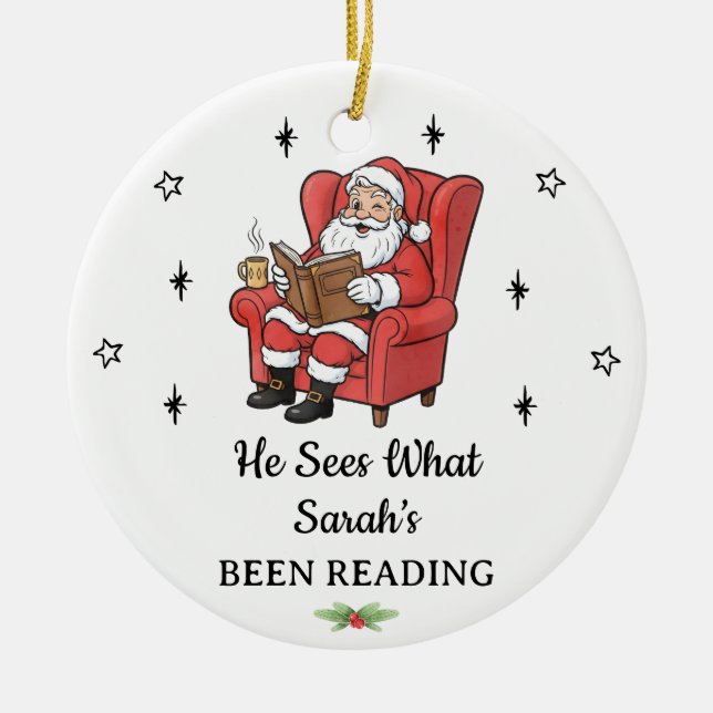 Personalized Funny Santa Book Lover Christmas Ceramic Ornament (Front)