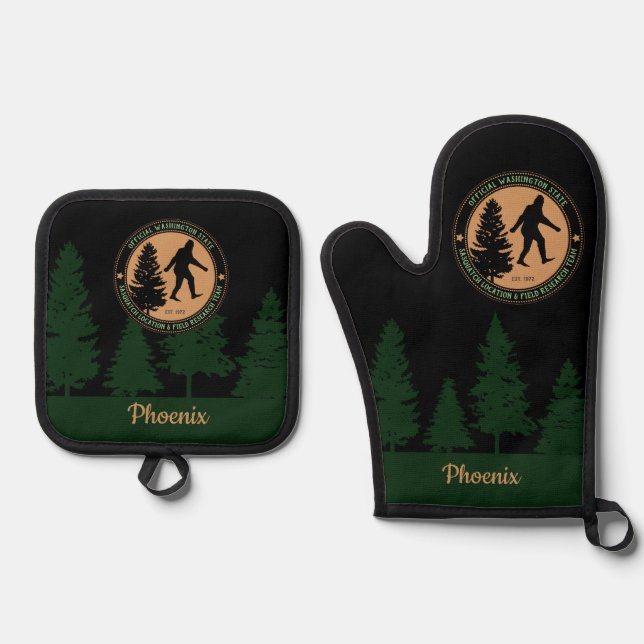 Personalized Funny Sasquatch Location and Research Oven Mitt & Pot Holder Set (Front)