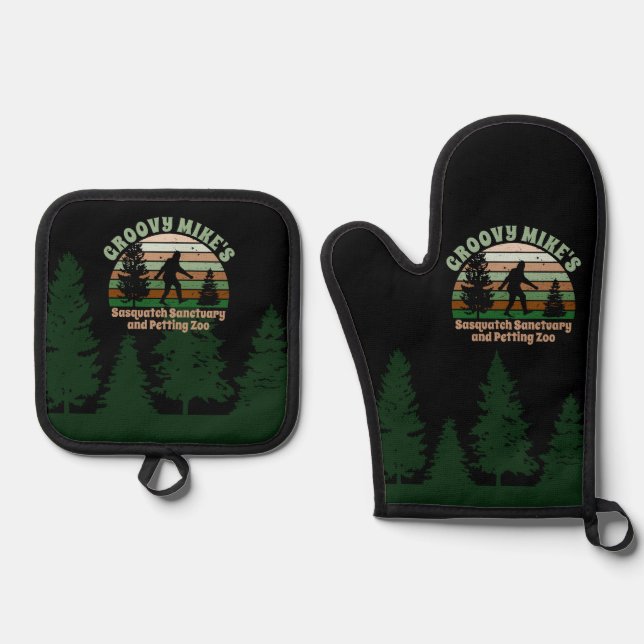 Personalized Funny Sasquatch Sanctuary Oven Mitt & Pot Holder Set (Front)
