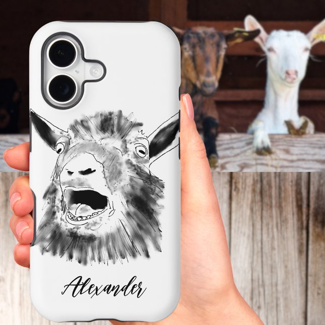 Personalized Funny Screaming Goat Black and White  Case-Mate iPhone Case (Personalized funny screaming goat black and white art iPhone case)