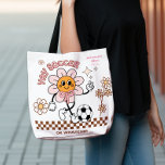 Personalized Funny Soccer Mum Retro Flower  Tote Bag<br><div class="desc">Bring big flower energy to the sidelines with this personalized retro soccer design, perfect for the mum who's here for the vibes (and maybe the snacks). Featuring a groovy flower character, soft daisy accents, and space to customize with your child’s name and “EST.” year, this design is ideal for football...</div>