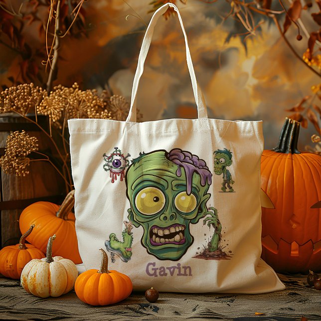Personalized Funny Zombie Boy Trick Or Treat Candy Tote Bag (Creator Uploaded)