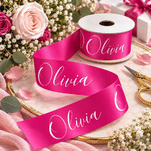 Personalized Fuscia Pink Elegant Name Satin Ribbon