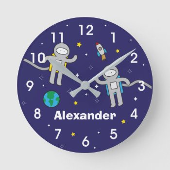 Personalized Galaxy Astronaut Outer Space Round Clock by adams_apple at Zazzle