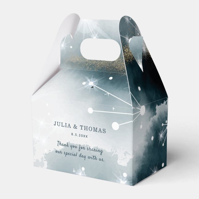 Personalized Galaxy Blue Gold Stars Wedding Favor Boxes (Front Side)