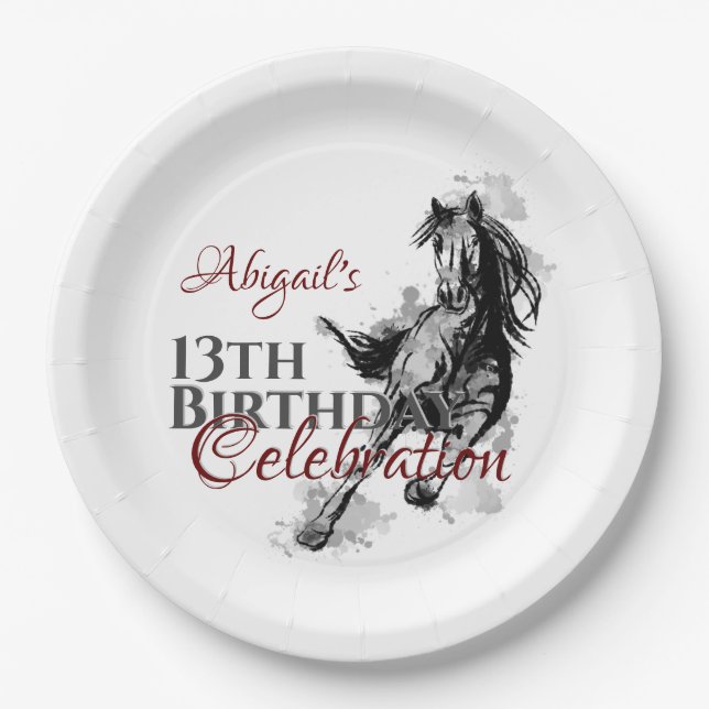Personalized Galloping Horse Sketch Birthday Paper Plates (Front)