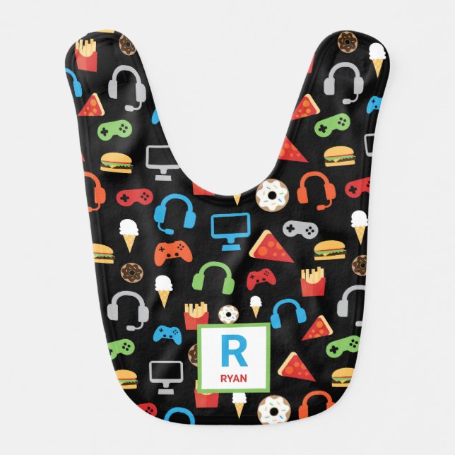Personalized Gamer Pattern Video Game Snacks Baby Bib (Front)