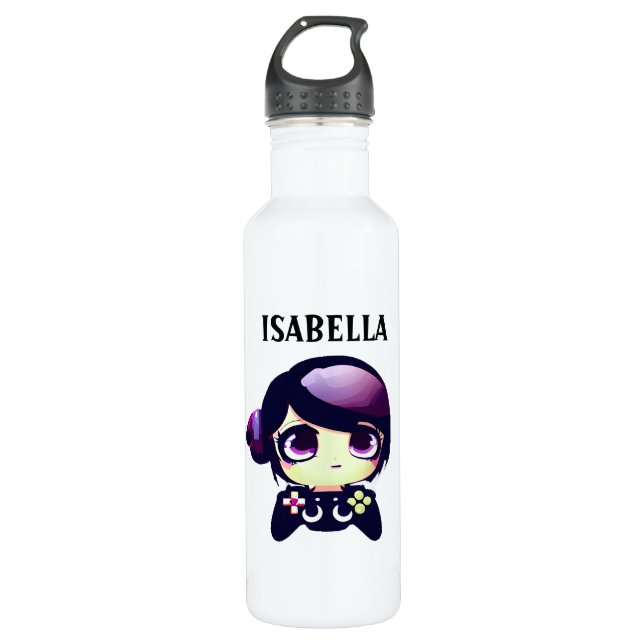 Personalized Gaming Kawaii Anime Girl Gamer Stainless Steel Water Bottle (Front)