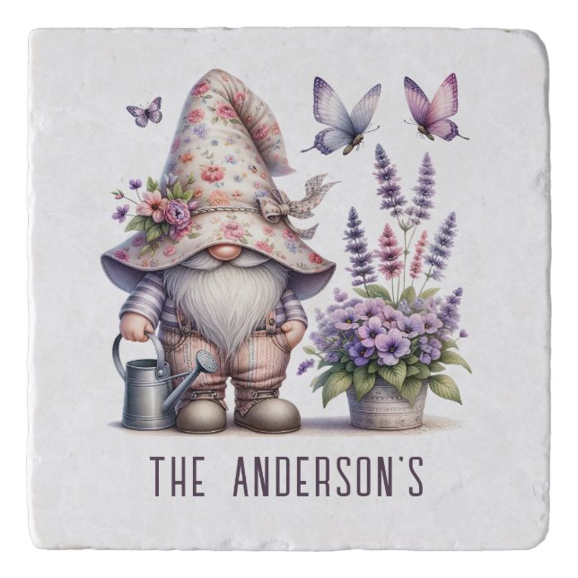 Personalized Garden Gnome Flowers Lavender Gift Trivet (Front)