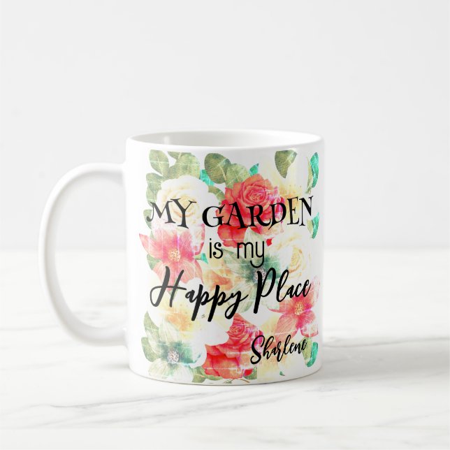 Personalized Garden Happy Place Floral Quote  Coffee Mug (Left)