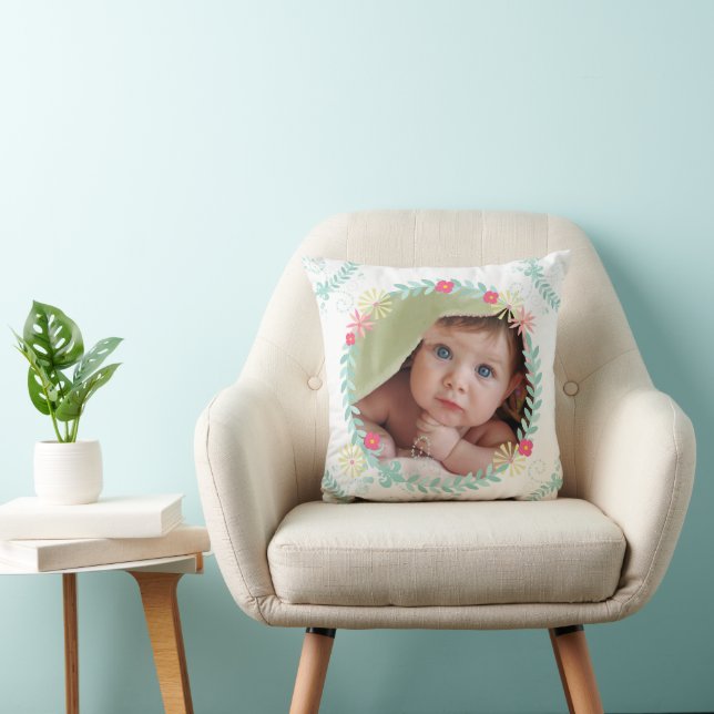 Personalized Garland Floral Baby Photo Throw Pillow (Chair)
