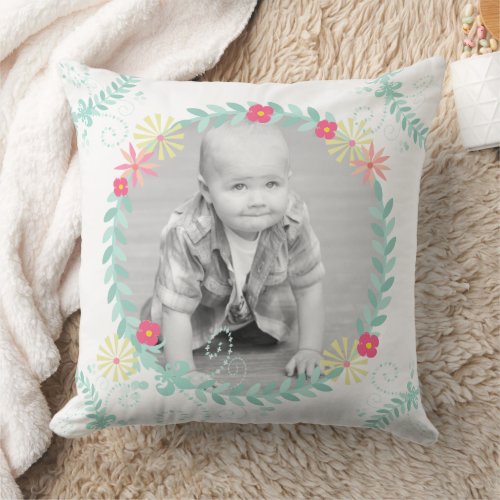 Personalized Garland Floral Baby Photo Throw Pillow