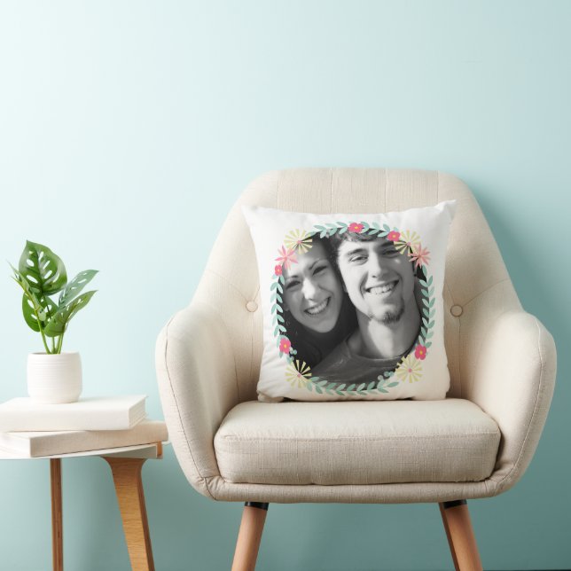 Personalized Garland Floral Wedding Photo Throw Pillow (Chair)