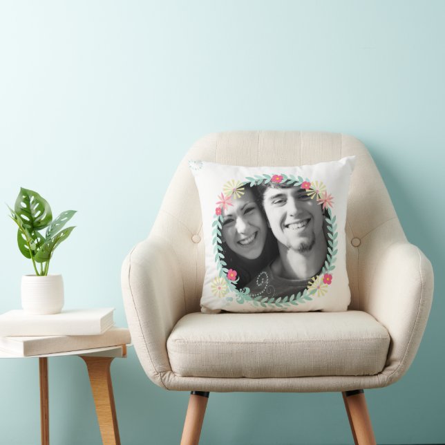 Personalized Garland Floral Wedding Photo Throw Pillow (Chair)