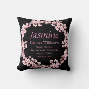 Personalized Garland pink black baby birth stats  Throw Pillow