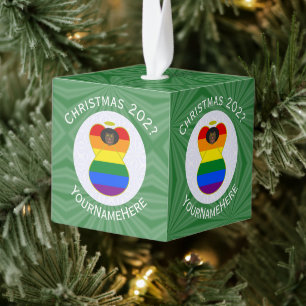 Personalized Gay Pride Black Angel Flag Christmas Cube Ornament