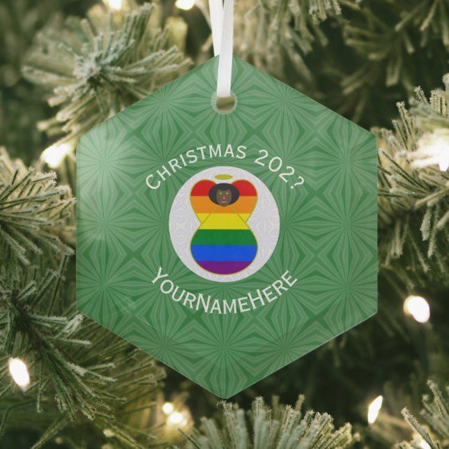 Personalized Gay Pride Black Angel Flag Christmas Glass Ornament (Insitu)