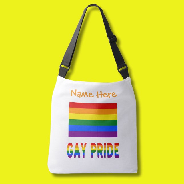 Personalized Gay Pride Rainbow Crossbody Bag (Crossbody bag with Gay Pride Rainbow Flag and the words GAY PRIDE below. Above add a name in orange )