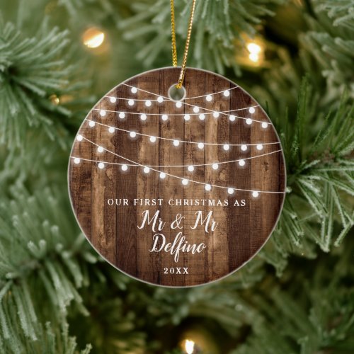 Personalized Gay Wedding Rustic Wood String Lights Ceramic Ornament