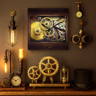 Personalized Gears with Leather Wall Clock