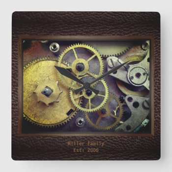 Personalized Gears With Leather Wall Clock by Susang6 at Zazzle