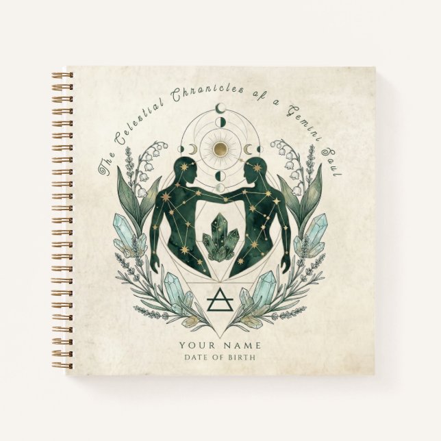 Personalized Gemini Emerald & Gold Zodiac Gift  Notebook (Front)
