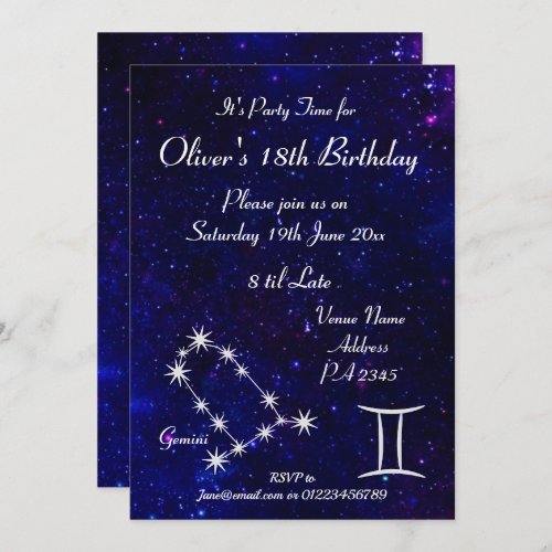 Personalized Gemini Zodiac Galaxy Party Invitation