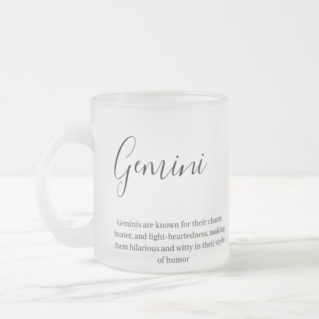 "Personalized Gemini Zodiac sign Name and traits Frosted Glass Coffee Mug (Left)