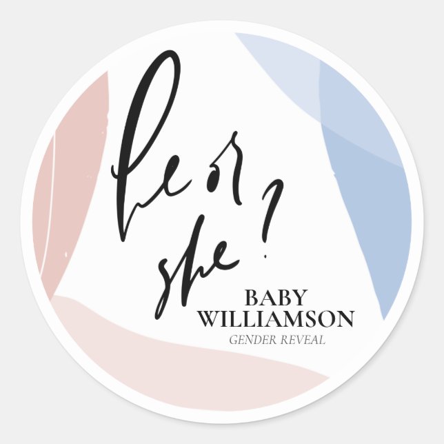 Personalized Gender Reveal He or She Classic Round Sticker (Front)