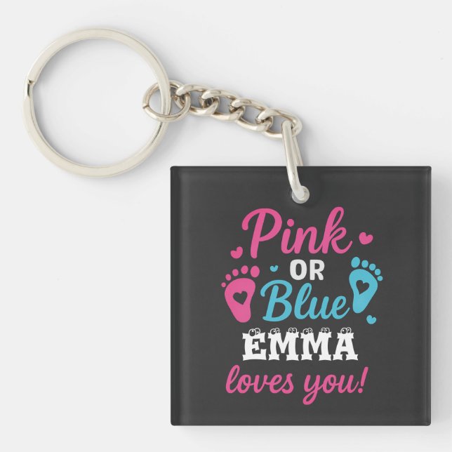 Personalized Gender Reveal Pink or Blue Baby Showe Keychain (Front)