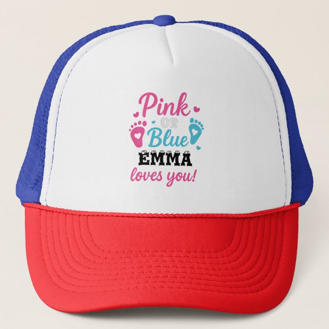 Personalized Gender Reveal Pink or Blue Baby Showe Trucker Hat (Front)