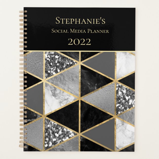 Personalized Geometric Black and White Marble  Pla Planner (Front)
