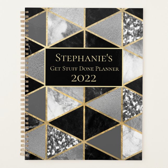Personalized Geometric Black and White Marble  Planner (Front)