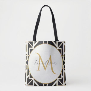 Personalized Geometric Black White Gold Monogram Tote Bag