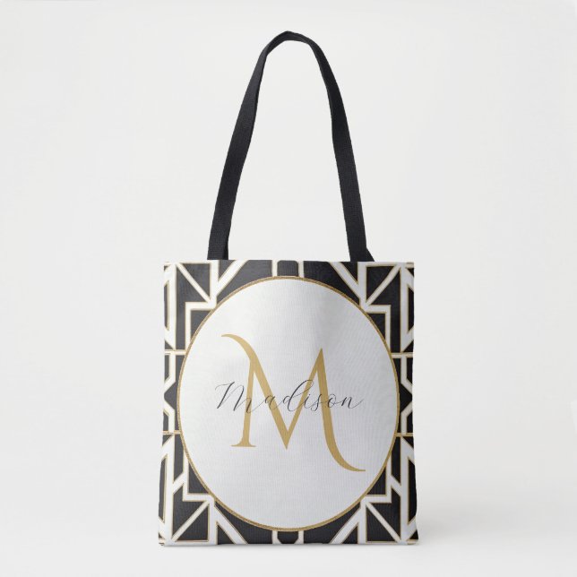 Personalized Geometric Black White Gold Monogram  Tote Bag (Front)