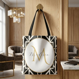 Personalized Geometric Black White Gold Monogram  Tote Bag