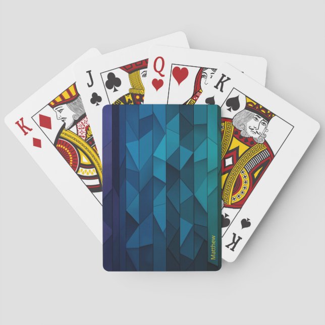 Personalized Geometric Blue and Teal Pattern Poker Cards (Back)