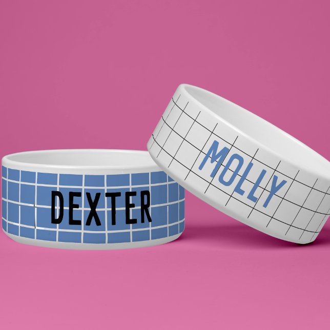 Personalized Geometric Blue White Name Pet Bowl  (Creator Uploaded)