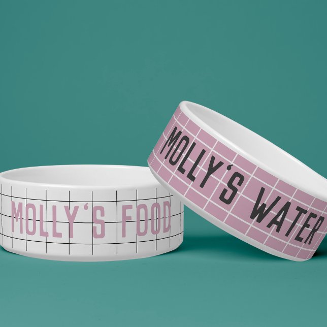 Personalized Geometric White Pink Name Pet Bowl (Creator Uploaded)