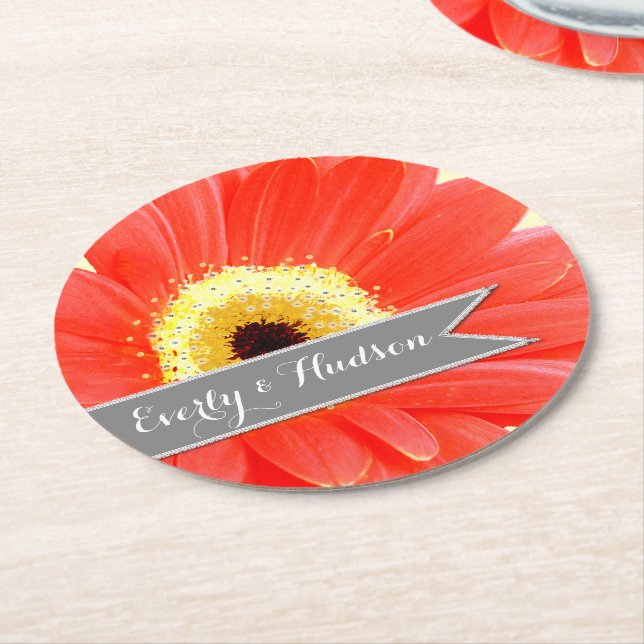 Personalized Gerber Coral Yellow Gray Floral Round Paper Coaster (Angled)