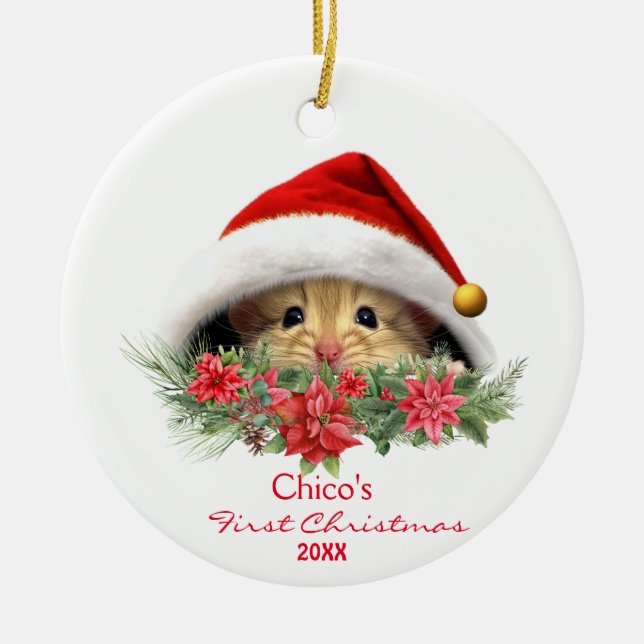 Personalized Gerbil Hamster in Santa Hat Christmas Ceramic Ornament (Front)