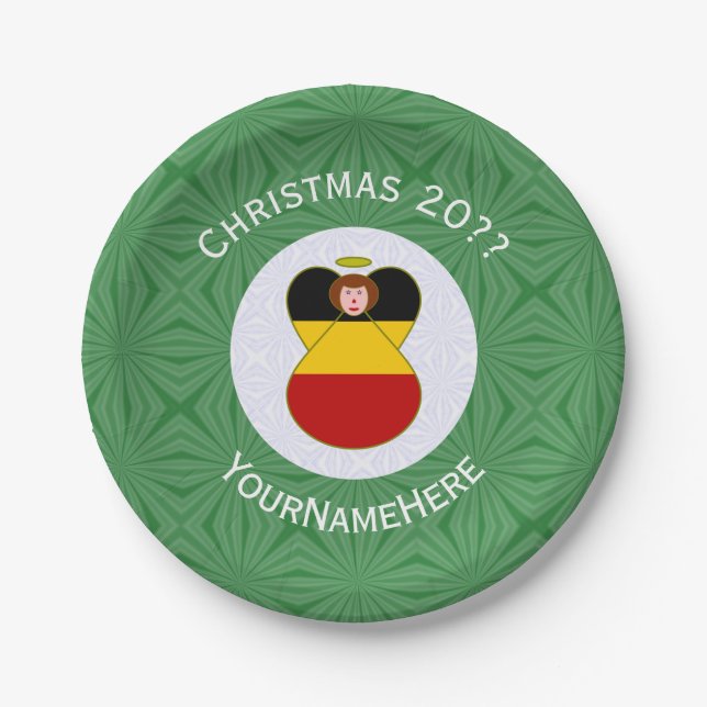Personalized German Angel Christmas Flag Paper Plates (Front)
