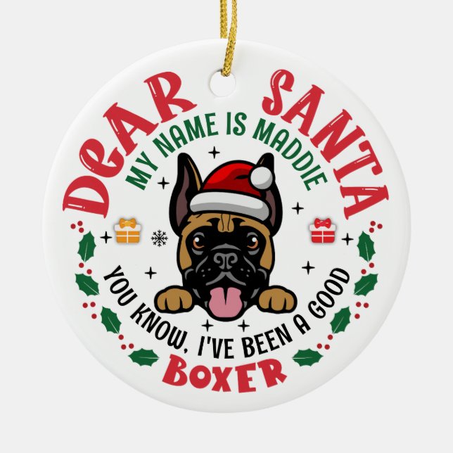 Personalized German Boxer Dog Christmas Tree Round Ceramic Ornament (Front)