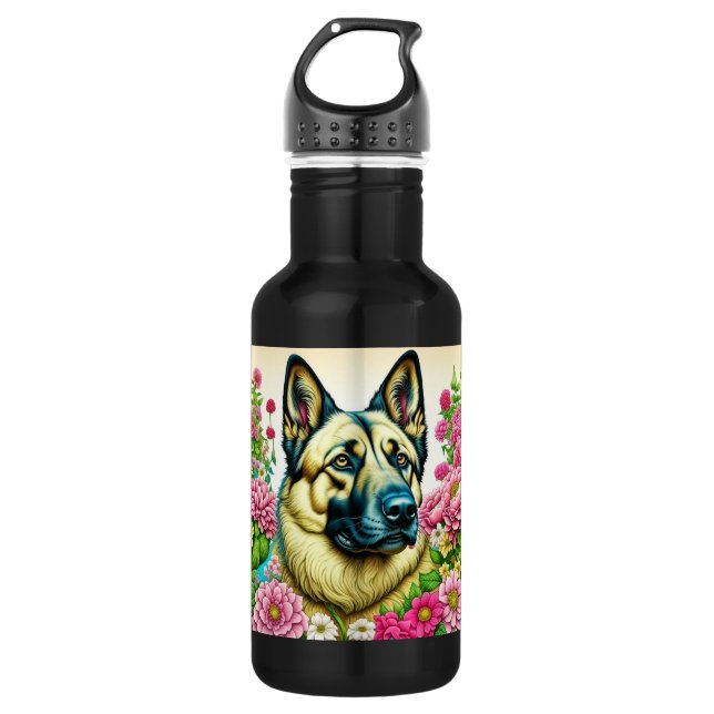 Personalized German Shepherd and Whimsical Flowers Stainless Steel Water Bottle (Front)