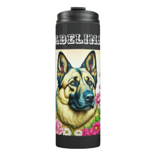 Personalized German Shepherd and Whimsical Flowers Thermal Tumbler