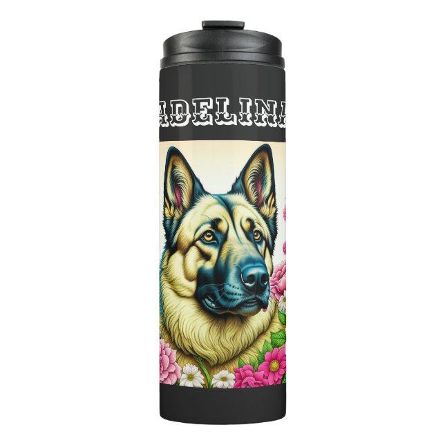 Personalized German Shepherd and Whimsical Flowers Thermal Tumbler (Front)