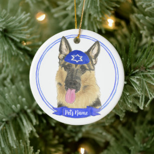 Personalized German Shepherd Dog Hanukkah Ceramic Ornament