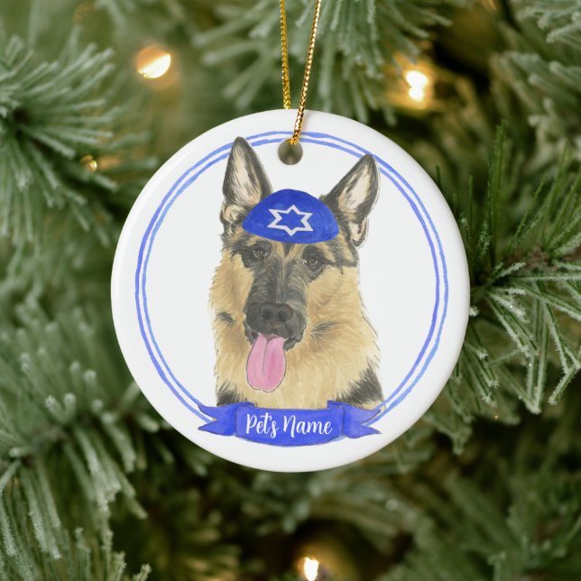 Personalized German Shepherd Dog Hanukkah Ceramic Ornament (Tree)