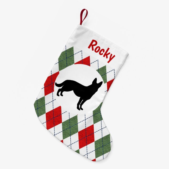 Personalized German Shepherd Red And Green Argyle Small Christmas Stocking (Front (Hanging))