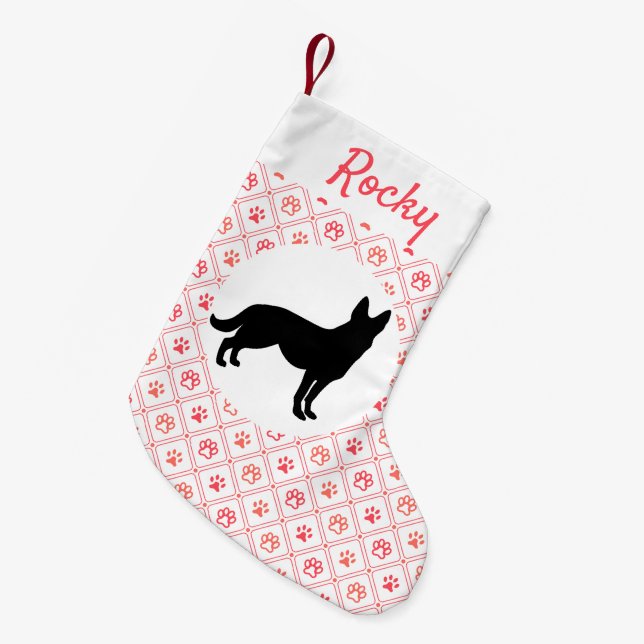 Personalized German Shepherd Red Paw Print Tile Small Christmas Stocking (Front (Hanging))